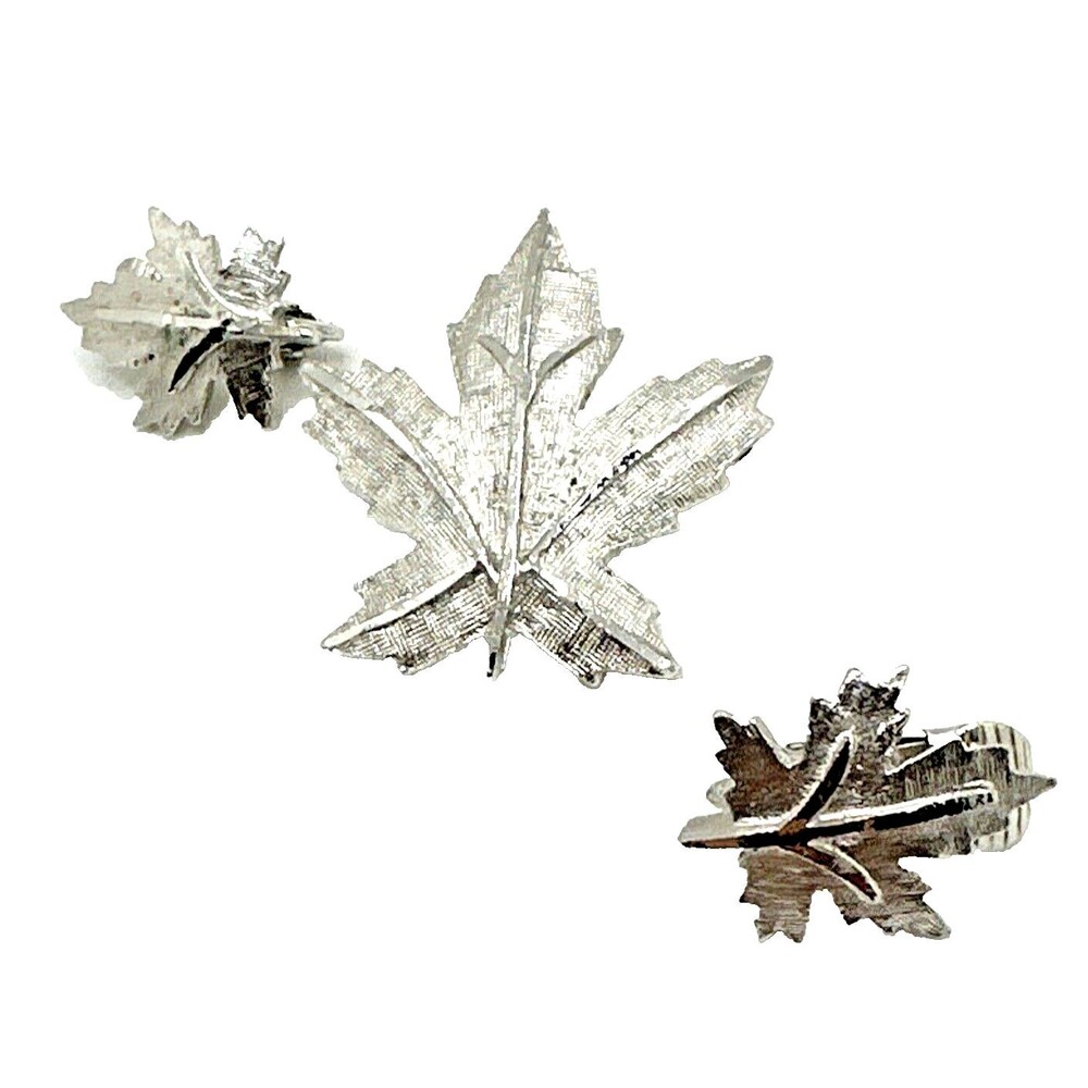 Vintage Mid Century CORO Maple Leaf Brooch Earrings Set Textured Silver Tone 50s